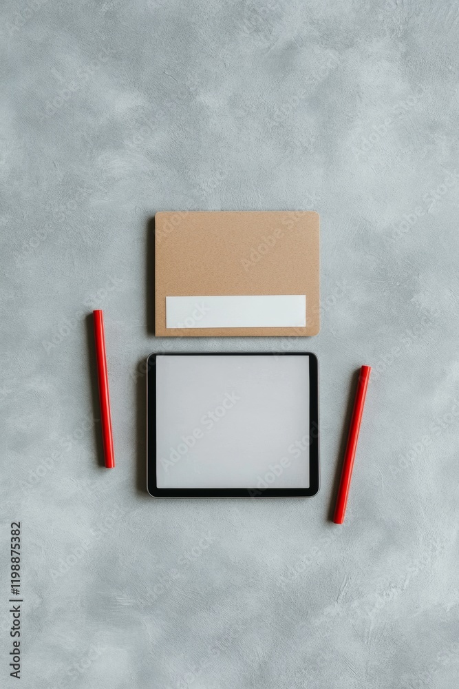 Poster minimalist administrative tools tablet with government portal on concrete flatlay - digital bureaucr
