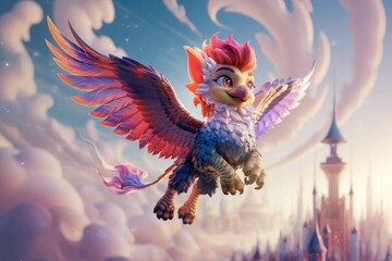 Obraz premium A colorful Griffin, with vibrant wings, soars above a fairytale kingdom at sunrise.