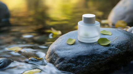 Skincare Jar on a Rock by a Gentle Stream