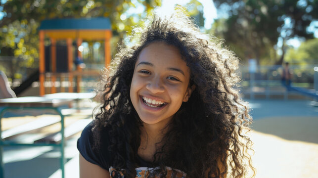Young woman with curly hair smiling on school playground in natural light. - Powered by Adobe