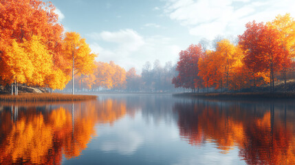 Fototapeta premium Fall colors reflect off tranquil lake in scenic autumn landscape
