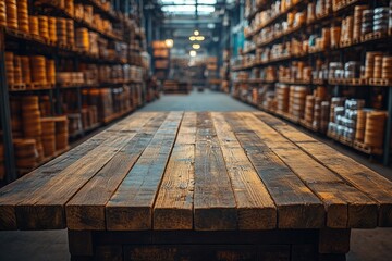 Rustic wooden table in spacious warehouse filled with stacked barrels and containers at dusk