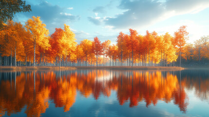 Obraz premium Autumn trees reflecting in calm water during a clear day in a tranquil forest