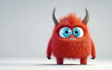 Fototapeta premium 3D funny fluffy deep red monster with horns and big blue eyes, cartoon character standing on a bright white background