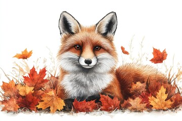 Fototapeta premium A charming illustration of a fox surrounded by colorful autumn leaves.