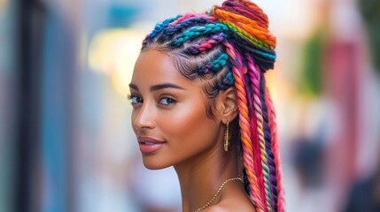 Naklejka premium Portrait of a young woman with vibrant rainbow braids