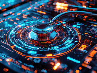 Futuristic stethoscope displays advanced technology with vibrant digital interface