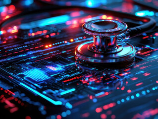 Futuristic stethoscope showing advanced technology and vibrant digital display in healthcare context