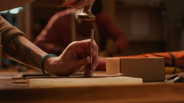 Cropped shot of unrecognizable skillful tanner with tattooed arm using punch tool making leather bag detail working in studio in small scale traditional handmade industry
