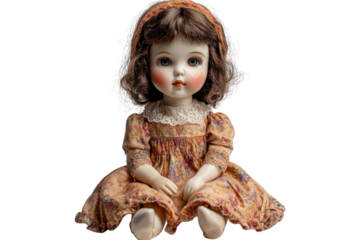 Vintage porcelain doll dressed in a floral-patterned gown sitting gracefully on a neutral background
