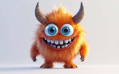 Fototapeta premium 3d smiled and funny Fluffy bright monster with horns and big blue eyes, cartoon charachter standing on a bright white background