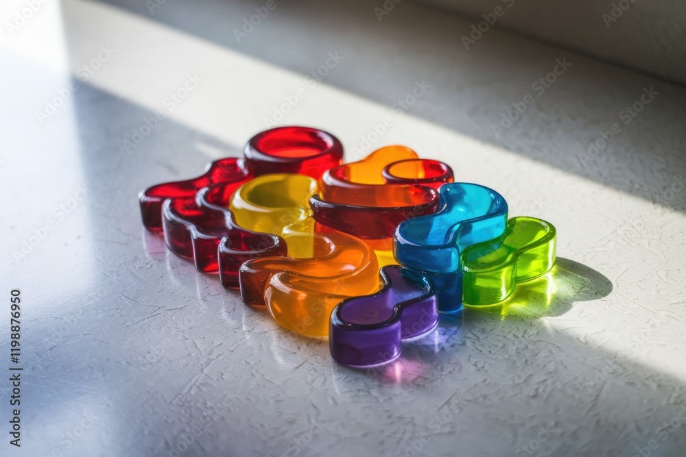 Aufkleber rainbow-colored translucent plastic pieces arranged in a wave-like pattern on a white surface.