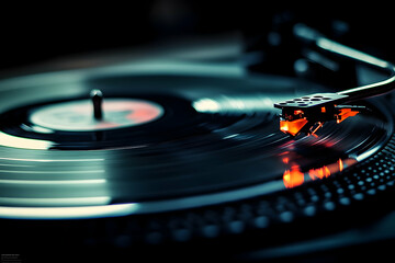 Spinning Vinyl Record With Stylus On A Turntable Capturing Classic Retro Music Atmosphere. Generative AI