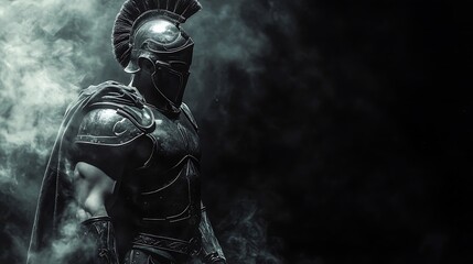 Fototapeta premium Spartan warrior prepared for battle, black and white armor glistening, surrounded by a black backdrop and faint white smoke