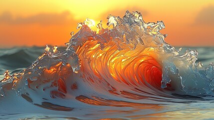 A vibrant ocean wave illuminated by sunset hues, capturing nature's beauty and power.
