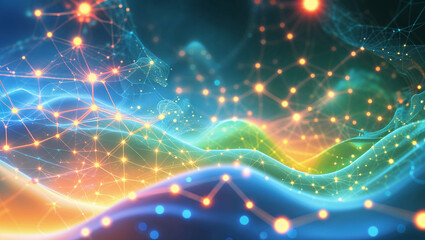 Abstract wave pattern connecting glowing dots in network communication