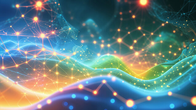 Abstract wave pattern connecting glowing dots in network communication