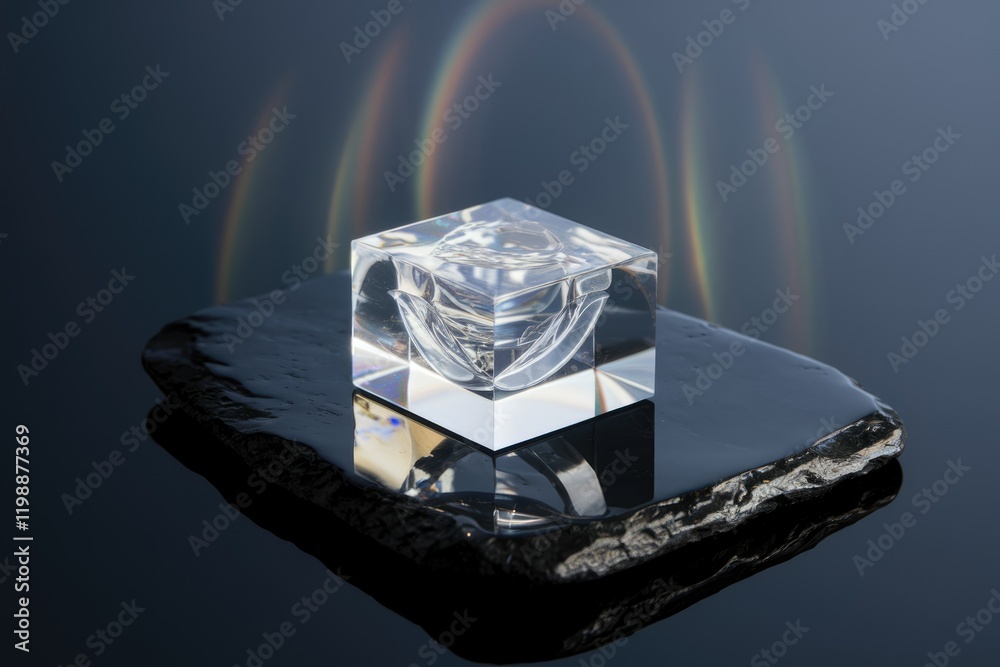 Poster a clear cubic container rests on a dark stone, subtly reflecting rainbows.