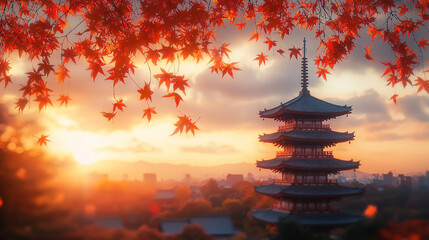 Obraz premium Beautiful sunset over a traditional pagoda surrounded by autumn leaves in Japan