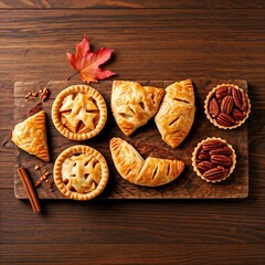 Fototapeta premium A rustic pie-themed board with mini pumpkin pies, pecan tarts, and apple turnovers. with autumn leaves, cinnamon sticks, and a wooden table .