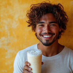 A smiling man holds a refreshing drink against a vibrant yellow wall.