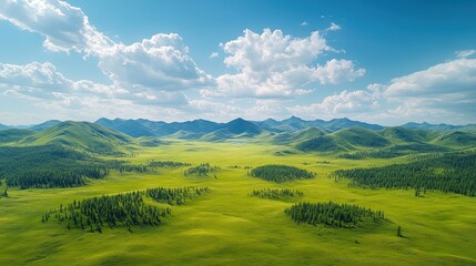 Aerial view of lush green hills and valleys under a bright blue sky with scattered clouds.