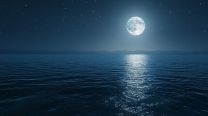 Full Moon Illuminating a Tranquil Ocean at Night