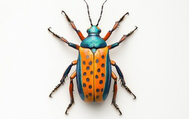 A vibrant orange-and-blue blister beetle with elongated body and fine details, perfectly centered on a white backdrop
