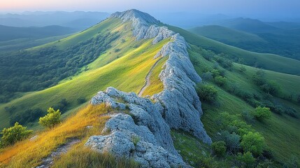 Serene mountain landscape with rocky ridge and lush greenery under soft morning light.