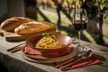 Delicious pasta dish with basil served outdoors alongside bread and red wine, enjoying a sun-drenched vineyard setting.