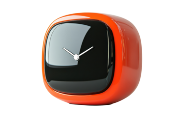 Modern orange clock with a sleek black face in a minimalistic design suitable for contemporary decor