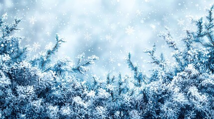 A serene winter scene with snowflakes gently falling over frosted evergreen branches.
