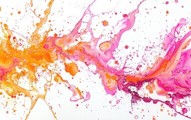 Obraz premium Abstract burst of pink and orange paint suspended in water, forming dynamic shapes, on a white background