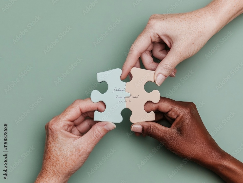 Poster minimalist pastel puzzle diverse hands connecting pieces on soft green - team building imagery for c