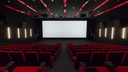 Empty cinema featuring a bright white screen and vibrant red seats in a realistic setting