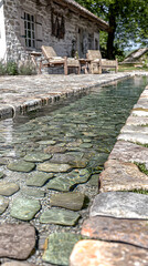 Fototapeta premium Tranquil stone pathway by a rustic home