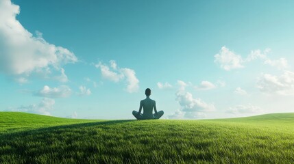 Contemplative outdoor wellness scene in panoramic view, balanced composition of lone figure against expansive blue sky, pristine natural setting with emerald grass slope, mindful meditation