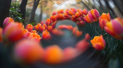 A swirl of vibrant orange tulips in a blurred garden setting, evoking a sense of motion.