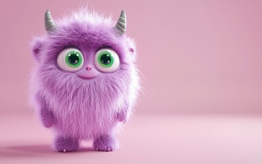 Fototapeta premium Adorable 3D fluffy purple monster with small horns and big green eyes, standing on a pastel pink background, cartoon character
