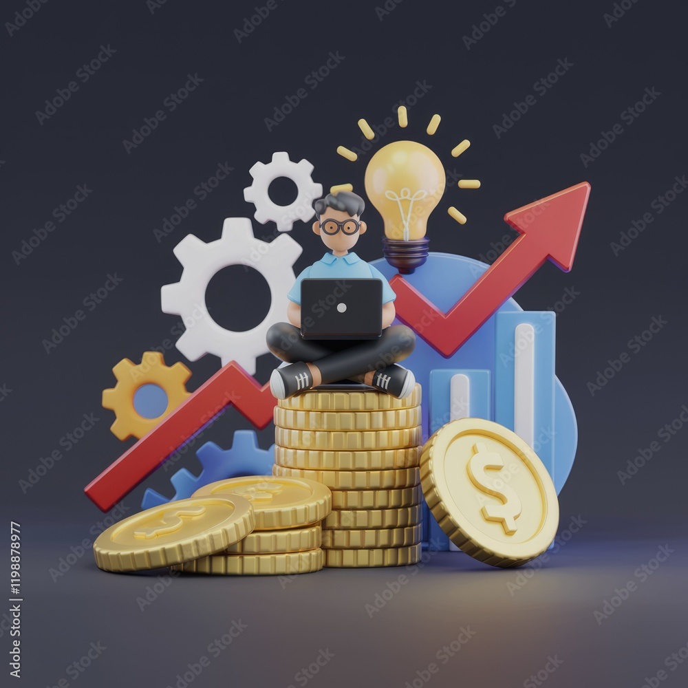 Poster a 3d illustration showing a person working on a laptop, sitting on a stack of coins, with upward tre