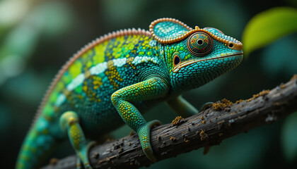 Obraz premium Chameleon on Branch: A vibrant chameleon with iridescent green, blue, and yellow scales perches on a branch, its mesmerizing eyes fixed on the viewer.