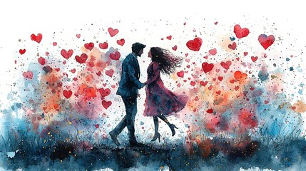 A romantic watercolor illustration of a couple surrounded by hearts, symbolizing love.