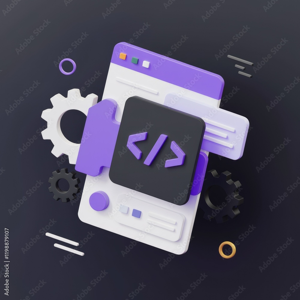 Poster Web development concept illustrated with 3D elements showcasing coding, gears, and a webpage interface.