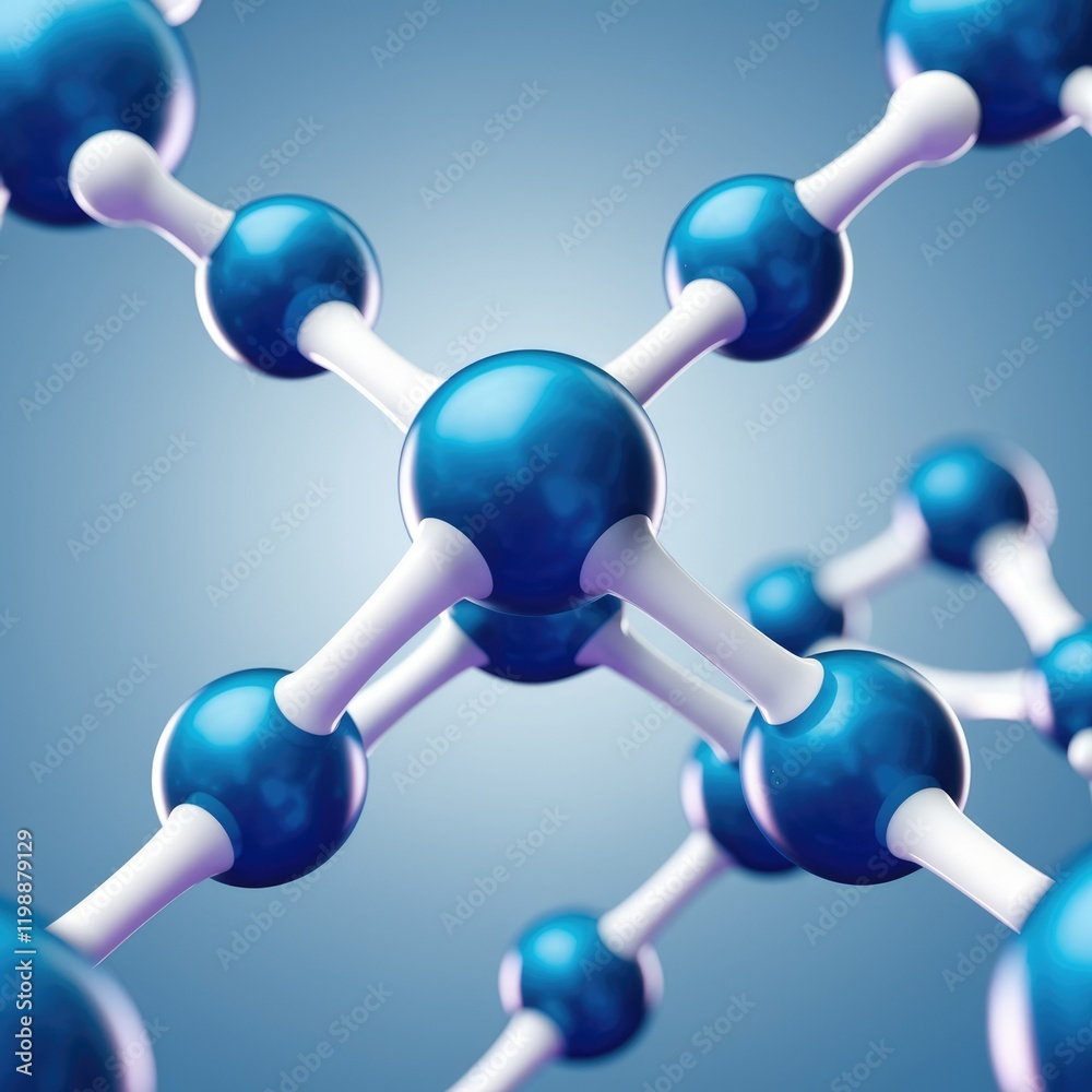 Poster 3d rendering of a molecular structure, showcasing interconnected atoms with vibrant blue and white c