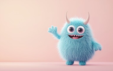 Adorable blue fuzzy monster with tiny horns, waving happily, 3D cartoon style, isolated on a pastel background