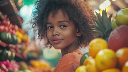 A young girl with curly hair stands in front of a fruit stand