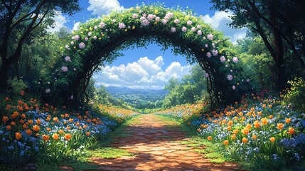 A vibrant garden path framed by a floral arch, inviting exploration and tranquility.