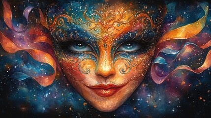 A vibrant, cosmic-themed mask with intricate designs and flowing ribbons against a starry background.