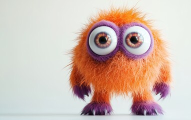 Fototapeta premium Adorable orange and purple fluffy monster with giant eyes, standing on a stark white background
