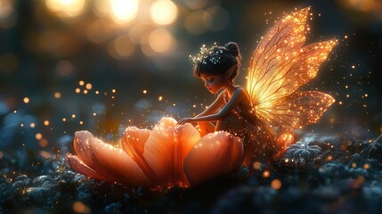 A magical fairy sitting on a glowing flower petal, surrounded by shimmering lights.